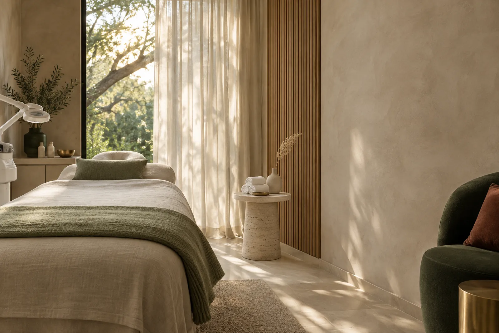 A linen-dressed treatment bed beside a sunlit window and an oak slat wall