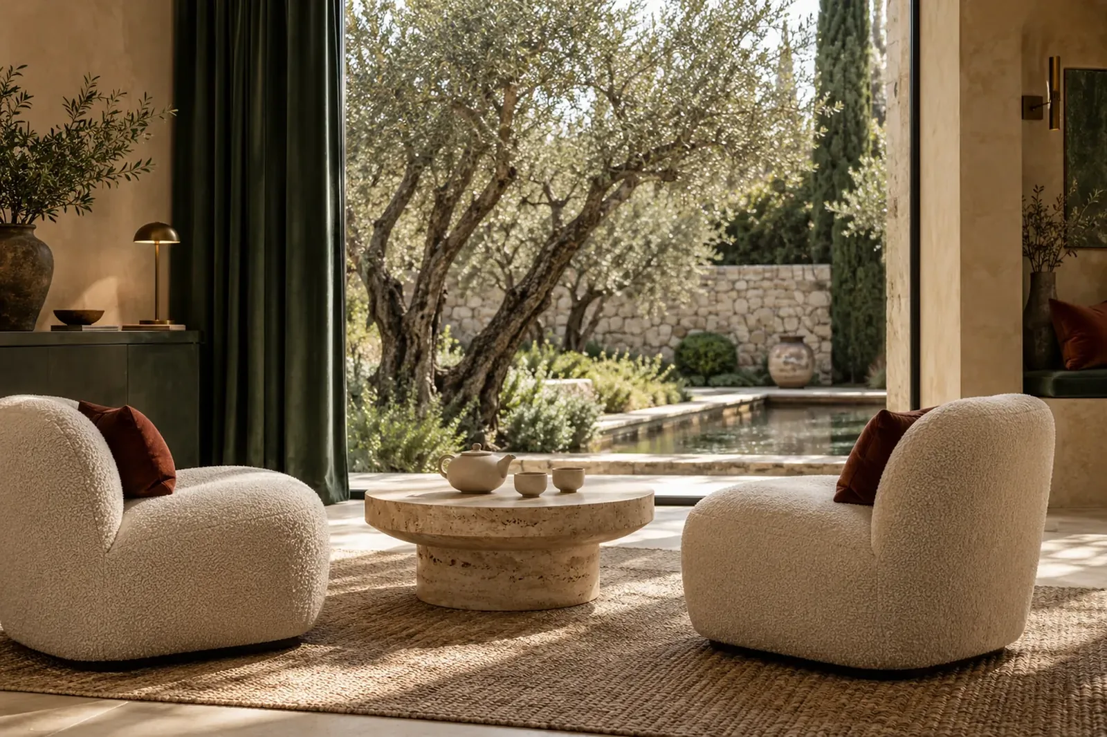 A quiet guest lounge with boucle chairs, a tea table and a garden beyond